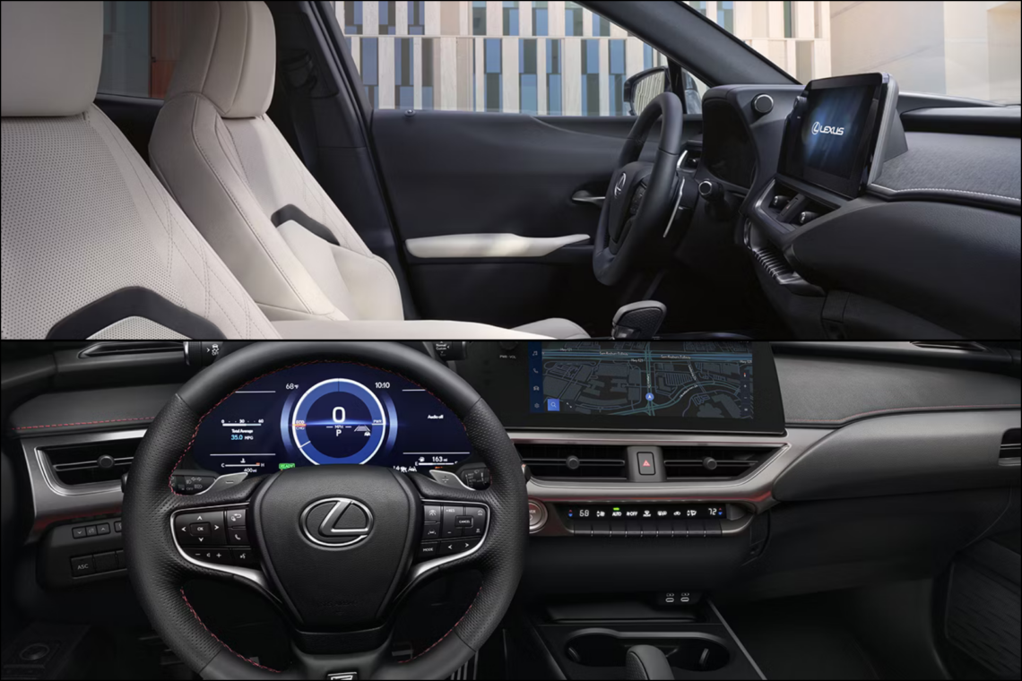 two images: front seating and steering wheel tech in the 2026 Lexus UX Hybrid
