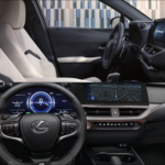 two images: front seating and steering wheel tech in the 2026 Lexus UX Hybrid