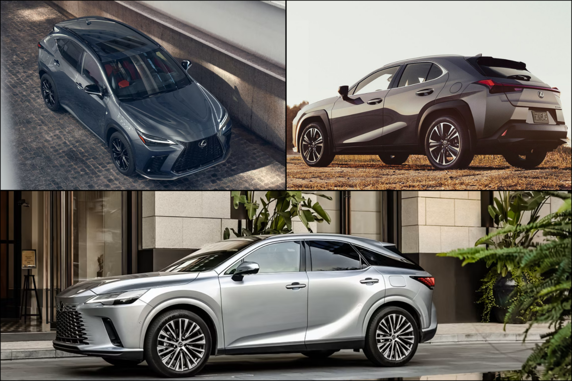 Three Lexus SUV models: Lexus RX, NX, and UX