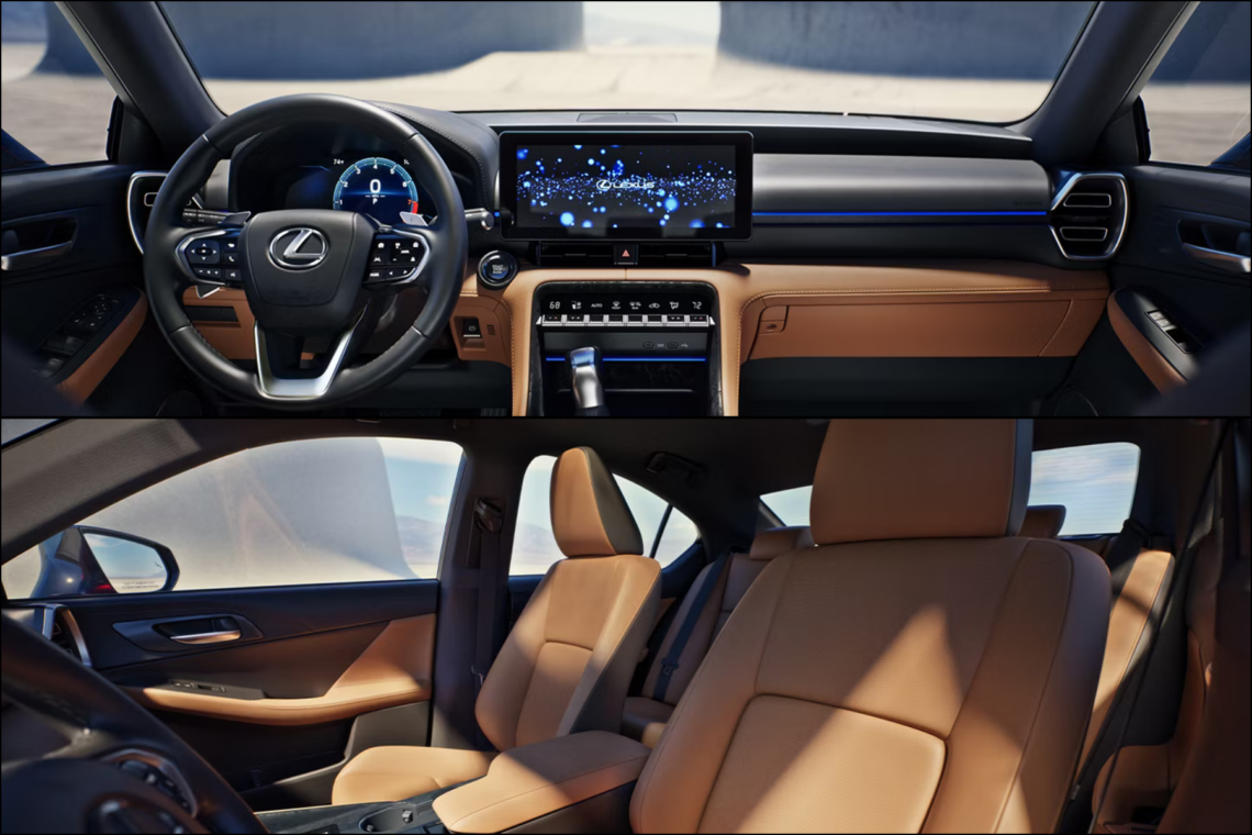 Two images of the 2026 Lexus IS interior: top, dashboard view; bottom, front cabin seating