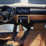 Two images of the 2026 Lexus IS interior: top, dashboard view; bottom, front cabin seating