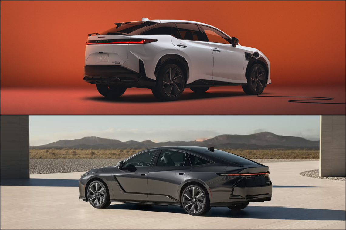 Image of a white Lexus RZ and a Lexus ES in Cloudburst Gray