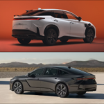 Image of a white Lexus RZ and a Lexus ES in Cloudburst Gray